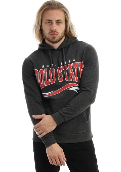 Erkek 3 İplik Pamuklu İçi Polarlı Regular Fit Baskılı Kapüşonlu Kanguru Cepli Antrasit Sweatshirt fiyatları