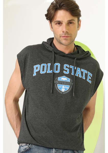 Erkek Sıfır Kol Kapüşonlu T-Shirt Antrasit