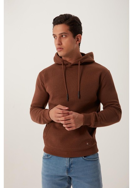 Erkek Kanguru Cep 3 Iplik Sweatshirt Kahverengi