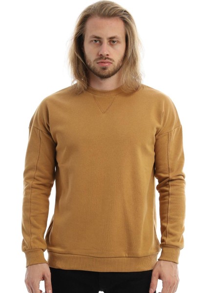 Erkek 3 İplik Pamuklu İçi Polarlı Regular Fit Basic Bisklet Yaka Kahverengi Sweatshirt