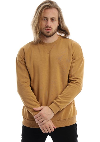 Erkek 3 İplik Pamuklu İçi Polarlı Regular Fit Basic Bisklet Yaka Kahverengi Sweatshirt fiyatları