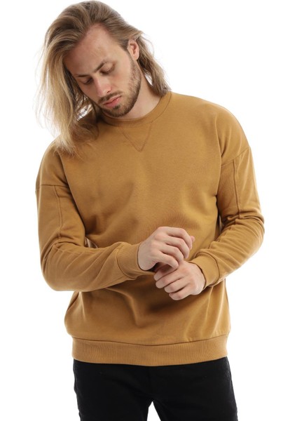 Erkek 3 İplik Pamuklu İçi Polarlı Regular Fit Basic Bisklet Yaka Kahverengi Sweatshirt modelleri