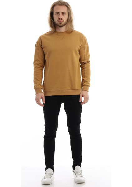 Erkek 3 İplik Pamuklu İçi Polarlı Regular Fit Basic Bisklet Yaka Kahverengi Sweatshirt fırsatları
