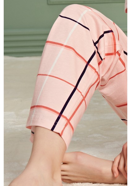 Kadın Yüksek Kalite Sıfır Yaka Pamuklu Ekose Desen Uzun Kol Somon Pijama Takımı modelleri