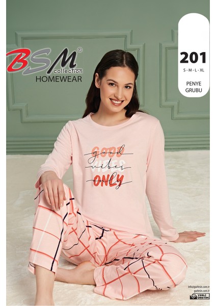 Kadın Yüksek Kalite Sıfır Yaka Pamuklu Ekose Desen Uzun Kol Somon Pijama Takımı fırsatları