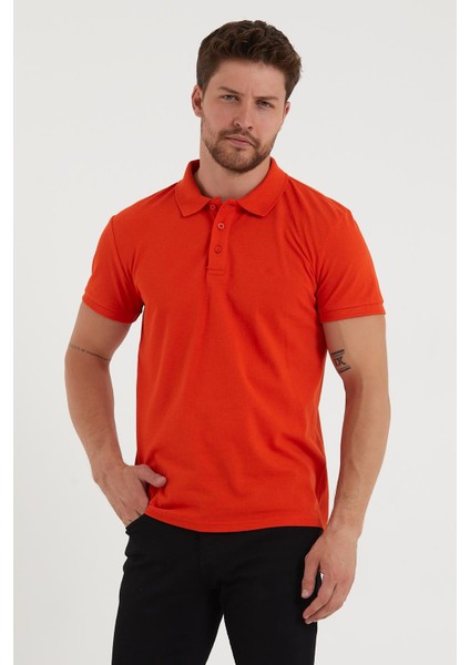 Erkek Regular Fit Polo Yaka Nakışlı T-Shirt Turuncu