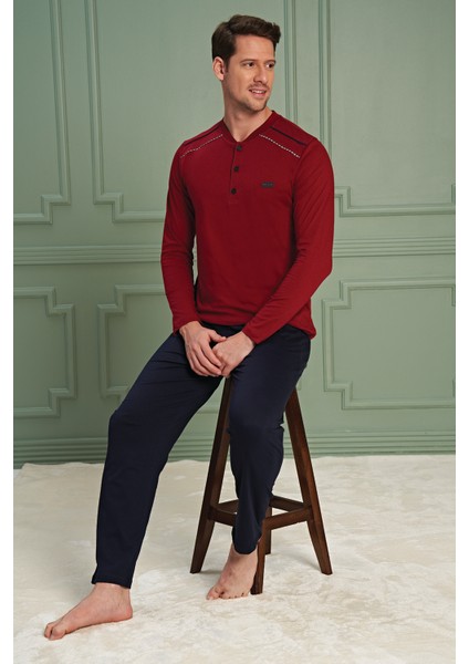 Erkek Yüksek Kalite Rahat Battal Uzun Kol 3 Düğmeli Pamuklu Bordo Pijama Takımı