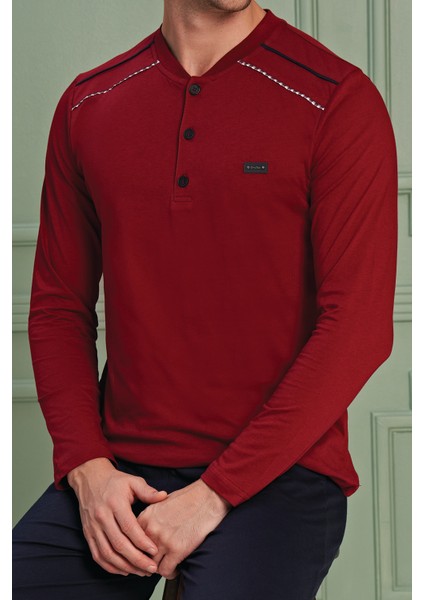 Erkek Yüksek Kalite Rahat Battal Uzun Kol 3 Düğmeli Pamuklu Bordo Pijama Takımı fiyatları