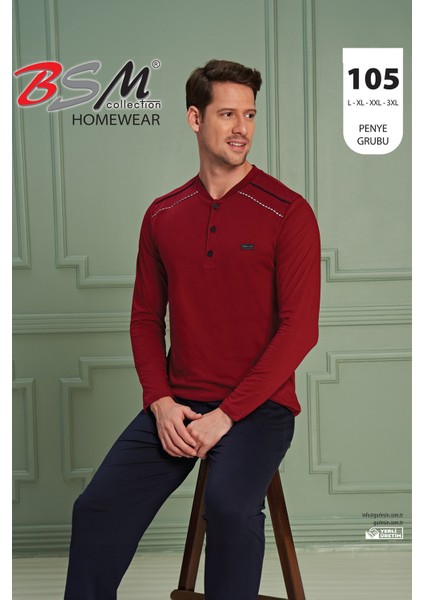 Erkek Yüksek Kalite Rahat Battal Uzun Kol 3 Düğmeli Pamuklu Bordo Pijama Takımı fırsatları