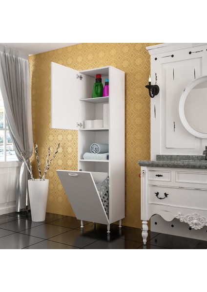 Tek Kapaklı Açık Raflı Sepetli Banyo Dolabı