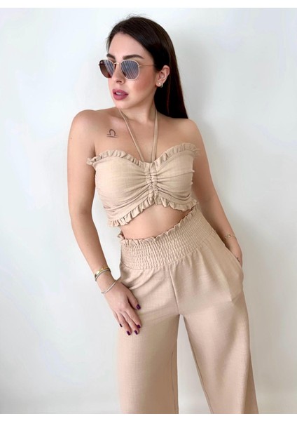 Keten Crop Pantolon Takım