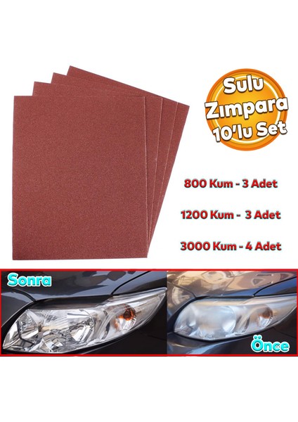 Far Temizleme Ince Kalın Kum Kağıt El Su Zımparası Kağıdı Araç Oto Parlatma Set 800-1200-3000 Kum (10 ADET)