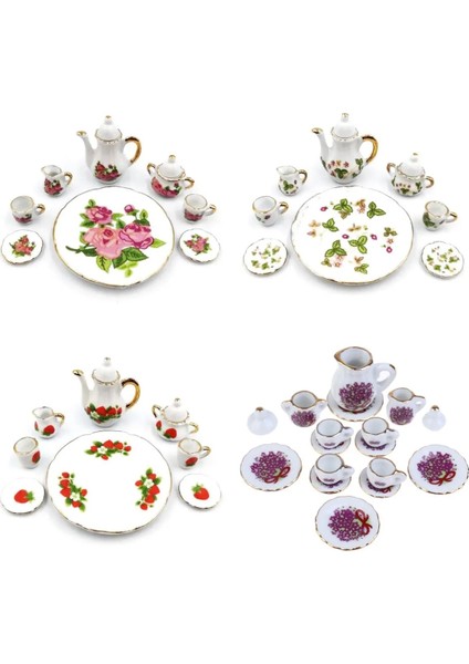 Çikolata Tarzı Adet Dollhouse Minyatür Yemek Gereçleri Porselen Çay Seti Bulaşık Fincan Tabağı - Pembe Gül (Yurt Dışından)