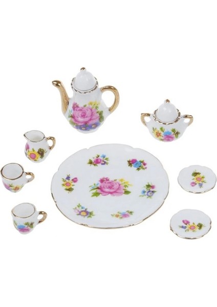 Erik Tarzı Adet Dollhouse Minyatür Yemek Gereçleri Porselen Çay Seti Bulaşık Fincan Tabağı - Pembe Gül (Yurt Dışından)