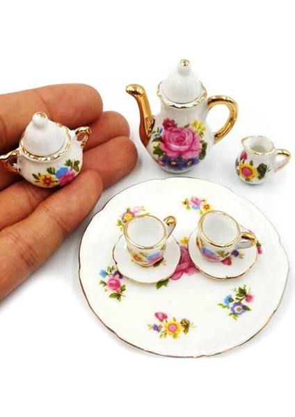 Erik Tarzı Adet Dollhouse Minyatür Yemek Gereçleri Porselen Çay Seti Bulaşık Fincan Tabağı - Pembe Gül (Yurt Dışından)