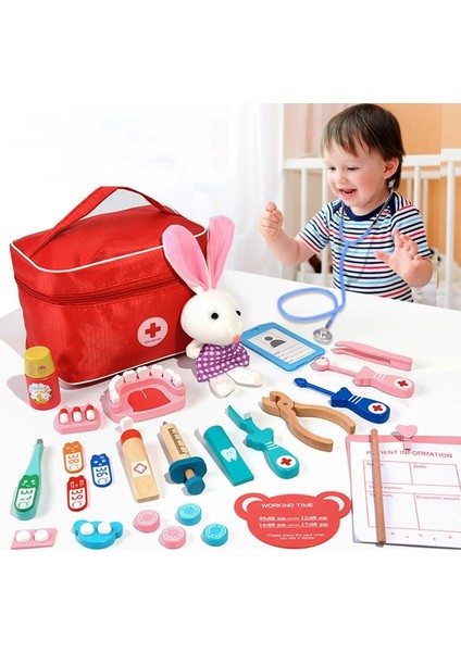 C Stilini Ayarla Doktor Oyuncaklar Çocuklar Için Set Çocuklar Ahşap Kız Erkek Kırmızı Tıbbi Diş Hekimi Ilaç Kutusu Bez Çanta Hediyeler Için Kiti Oyna Pretend Oyna Pretend (Yurt Dışından)