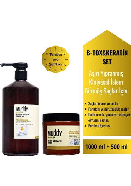 B-Tox Keratin Onarıcı Saç Şampuanı 1000 ml + B-Tox Keratin Onarıcı Saç Bakım Maskesi 500 ml