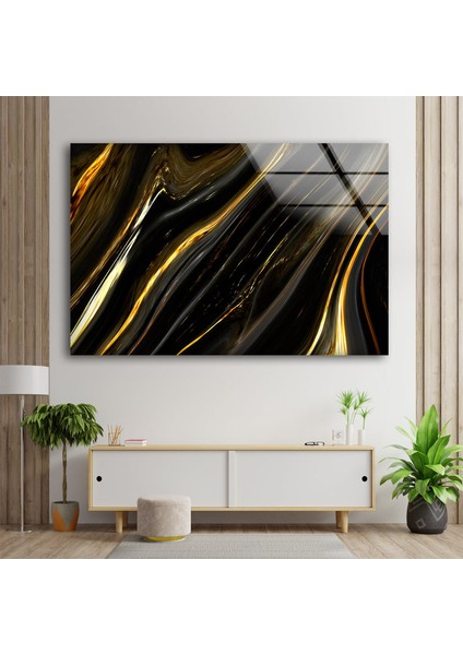 Altın Siyah Mermer Desenli Cam Duvar Tablosu
