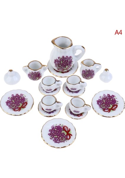 Koyu Haki Stili Adet Dollhouse Minyatür Yemek Gereçleri Porselen Çay Seti Bulaşık Fincan Tabağı - Pembe Gül (Yurt Dışından)