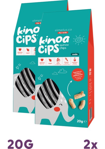 2 Paket 20G Sade Vegan Yağsız Kinoa Cipsi for Kids Glutensiz Çocuklara Özel Ambalaj Tatlı Fil