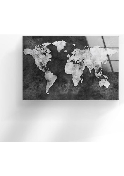 Modern Dünya Haritası Temperli Cam Duvar Tablosu