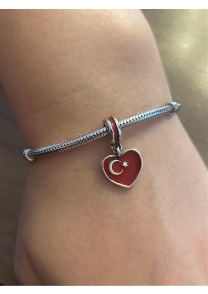 Türk Bayrağı Model Kalp Detay Gümüş Charm