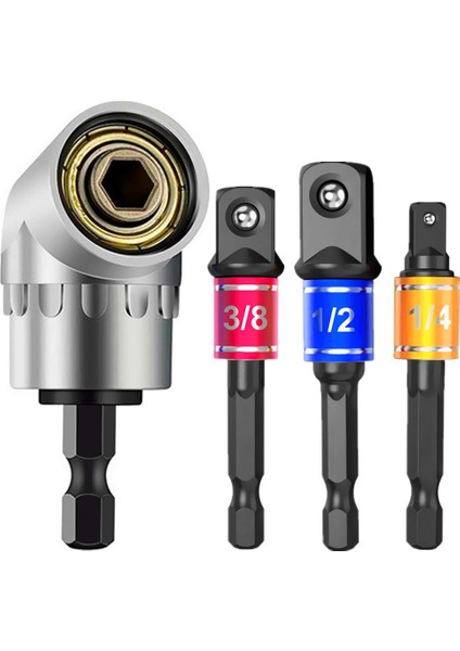 Darbe Sınıfı Elektrikli El Aletleri Sürücü Soketleri Adaptör Uzatma Seti, 3 Adet Hex Shank Matkap Somun Sürücü Ucu Seti + 105 Derece Sağ Açı Sürücü Uzatma Tornavida Matkap Aparatı (Yurt Dışından)