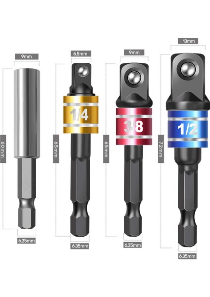 4 Parça Darbeli Sürücü Soket Adaptör Seti, Manyetik Uzatma Bit Tutucu ile 1/4 Inç Altıgen Şafttan Kare Sokete Elektrikli Matkabı Somun Sürücüsüne Dönüştürün (Yurt Dışından)