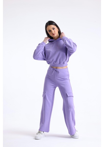 Lila Yüksek Bel Yandan Cepli Geniş Paça %100 Pamuklu Eşofman Altı fiyatları