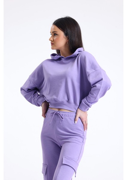 Lila Yüksek Bel Yandan Cepli Geniş Paça %100 Pamuklu Eşofman Altı modelleri
