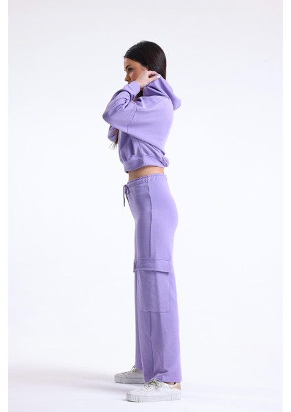 Lila Yüksek Bel Yandan Cepli Geniş Paça %100 Pamuklu Eşofman Altı fırsatları