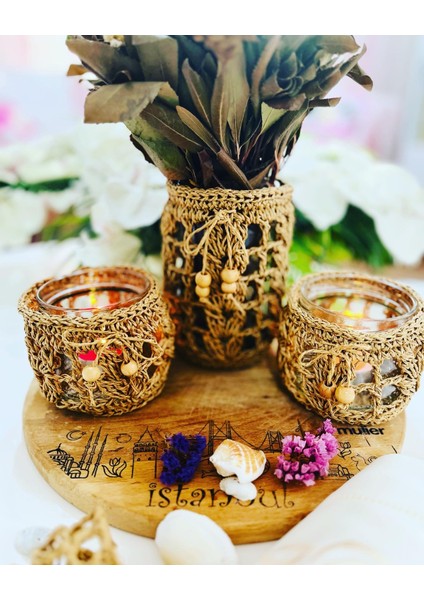 Handmade Hasır Dekoratif Vazo,2 Li Mumluk ve Peçete Halkası Seti