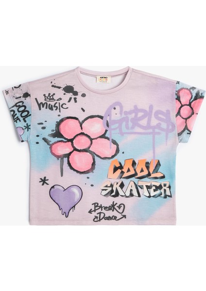 Crop Tişört Grafiti Baskılı Kısa Kollu Bisiklet Yaka