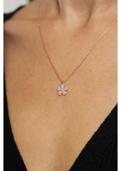 Zirkon Taşlı Rose Minimal Papatya Gümüş Kolye