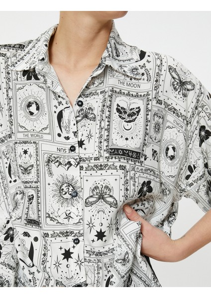 Viskoz Oversize Gömlek Baskılı Kısa Kollu