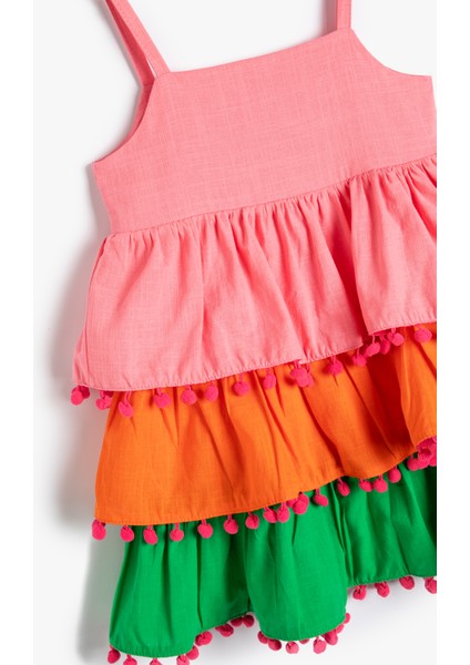 Elbise Renk Bloklu Katlı Askılı Ponpon Detaylı Pamuklu modelleri