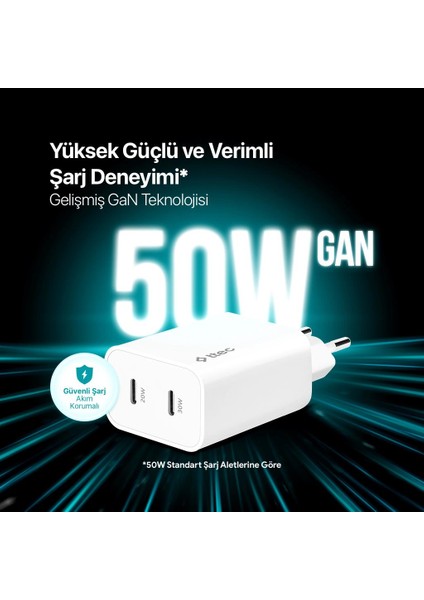 Gan 50W 2x Pd Type C Girişli Süper Hızlı Şarj Aleti, Isı ve Akım Korumalı Şarj Adaptörü Başlığı