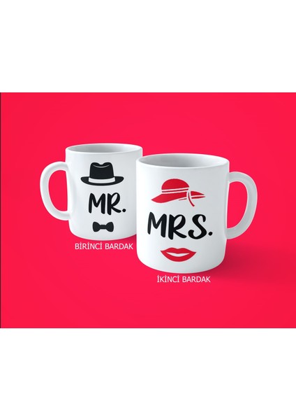 Mr & Mrs 2'li Sevgililere Eşlere Özel Baskılı Kupa Bardak modelleri