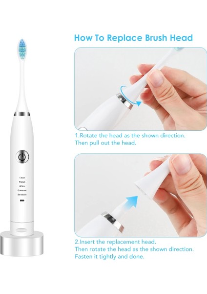Yedek Kafa Stili 5 Ayarlanabilir Mod Elektrikli Sonic Titreşimli Diş Fırçası Su Geçirmez Şarj Edilebilir USB Diş Fırçası Diş Beyazlatma Ağız Bakımı (Yurt Dışından)