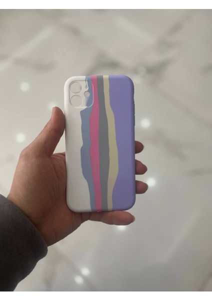 iPhone 11 Uyumlu Rainbow Renkli Şeritli Lansman Silikon Darbe Emici Telefon Kılıfı