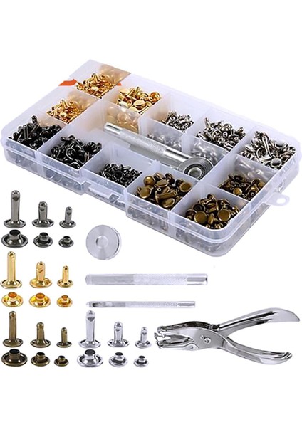 360 Takım Kutulu 6mm 8mm Çift Taraflı Perçin Yuvarlak Kapaklı Perçin Deri Kaplama + Kurulum Alet Seti + Pense (Yurt Dışından)