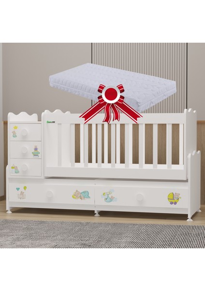 Melina 5 Çekmeceli Büyüyen Mdf Çıtalı Beşik + Yatak - Ayıcık