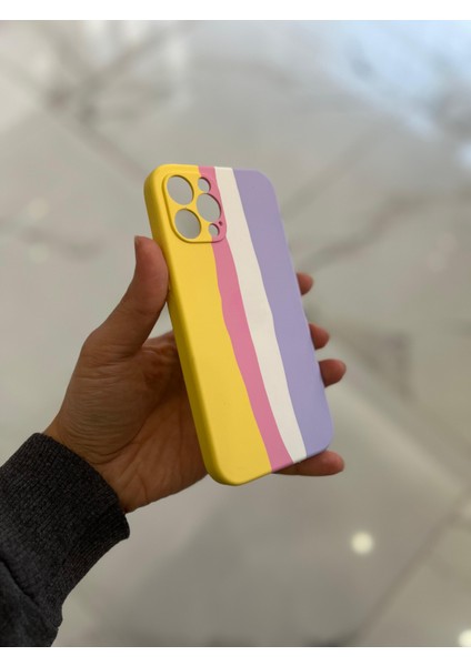 iPhone 12 Pro Max Uyumlu Rainbow Renkli Şeritli Lansman Silikon Darbe Emici Telefon Kılıfı