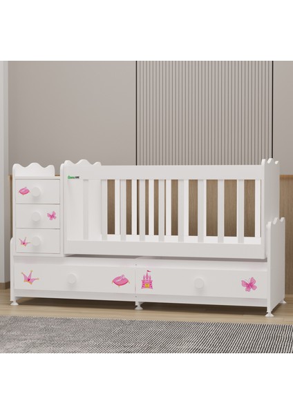 Melina 5 Çekmeceli Büyüyen Mdf Çıtalı Beşik + Yatak - Prenses