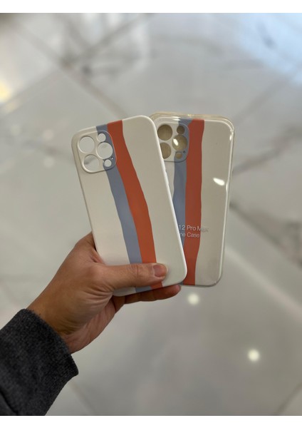 iPhone 12 Pro Max Uyumlu Rainbow Renkli Şeritli Lansman Silikon Darbe Emici Telefon Kılıfı