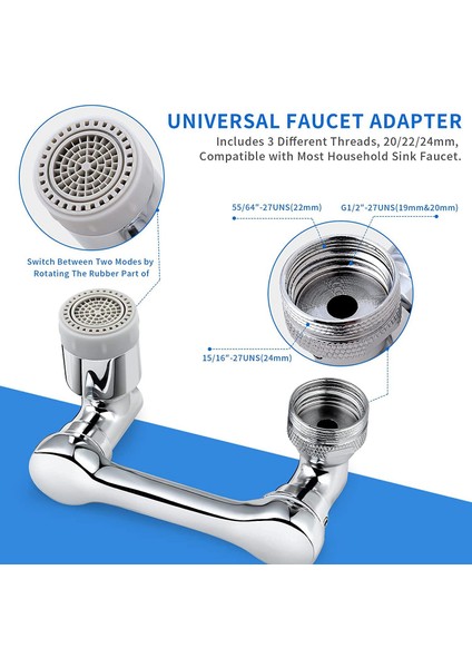 Musluk Genişletici Banyo Lavabo Mutfak Için Dönebilen Evrensel Musluk Konektörü Lavabo Musluğu 2 Su Çıkış Modu ile (Yurt Dışından)