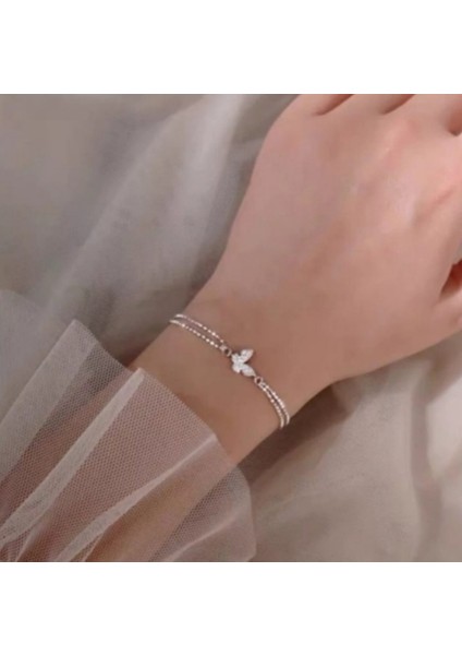 925 Ayar Gümüş Kristal Tasli Çift Sıra Zincirli Kelebek Bileklik