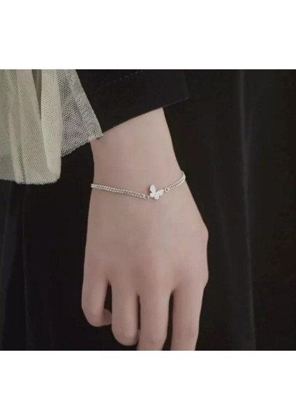 925 Ayar Gümüş Kristal Tasli Çift Sıra Zincirli Kelebek Bileklik