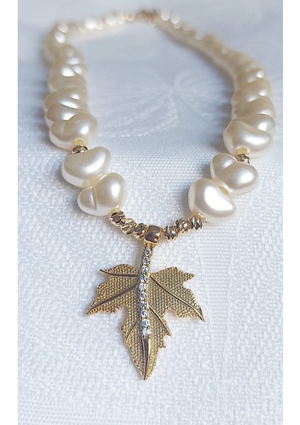 Yaprak Uçlu Özel Tasarım Kalp Şekilli incili Kolye 45 cm indirimleri