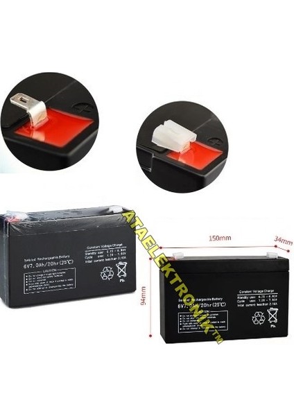 Ata Elektronik Pilsan Uyumlu 6V 7AH 6 Volt Çocuk Araba Aküsü Akü 6 Volt 7 Amper 20HR ölçüsü 150 x 34 x 94 mm  YENİ TARİHLİ TAZE AKÜ